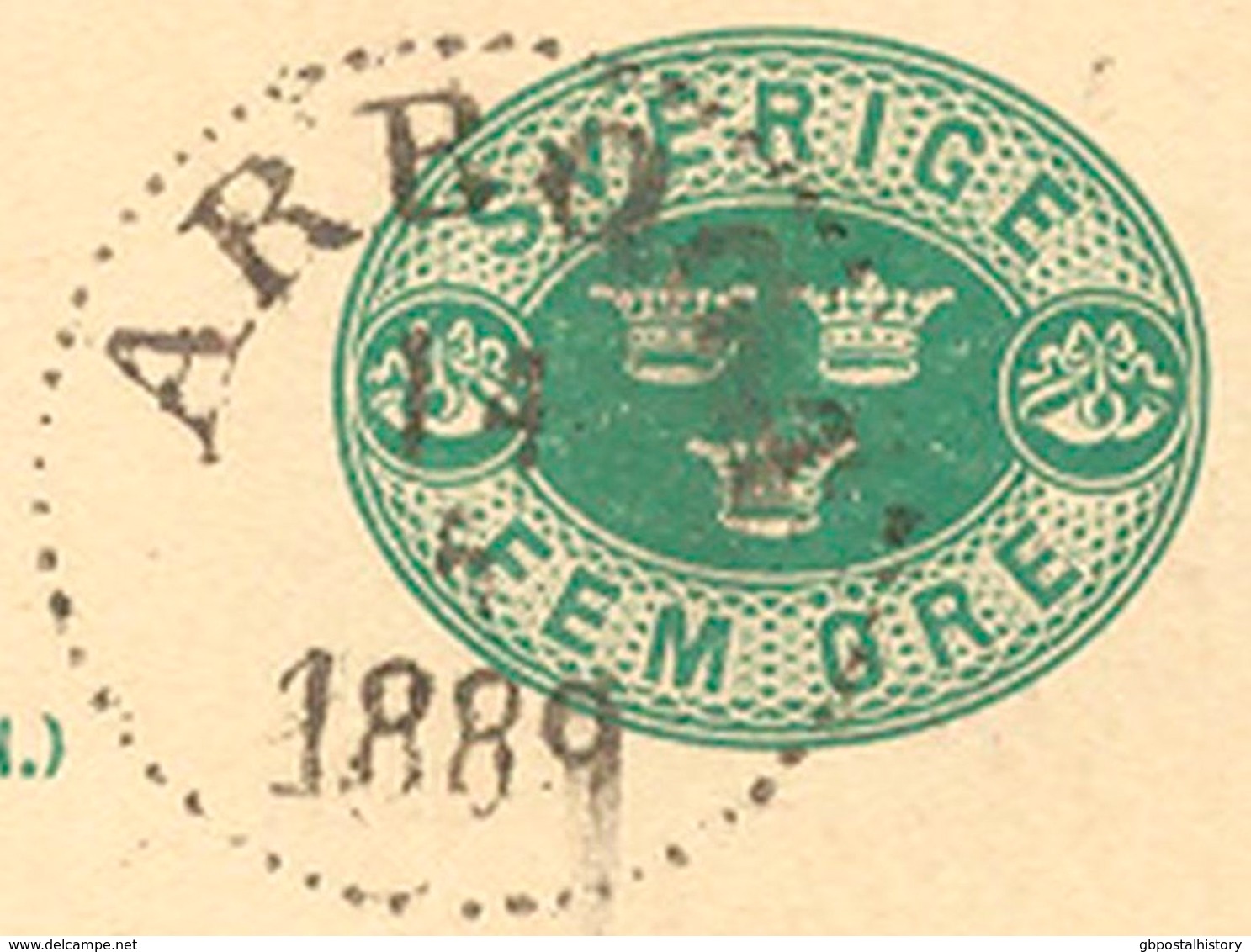 SCHWEDEN 1889, "ARBOGA" K1 Glasklar A. 5 (FEM) Öre Grün GA-Postkarte, Kab. - 1872-1891 Ringtyp