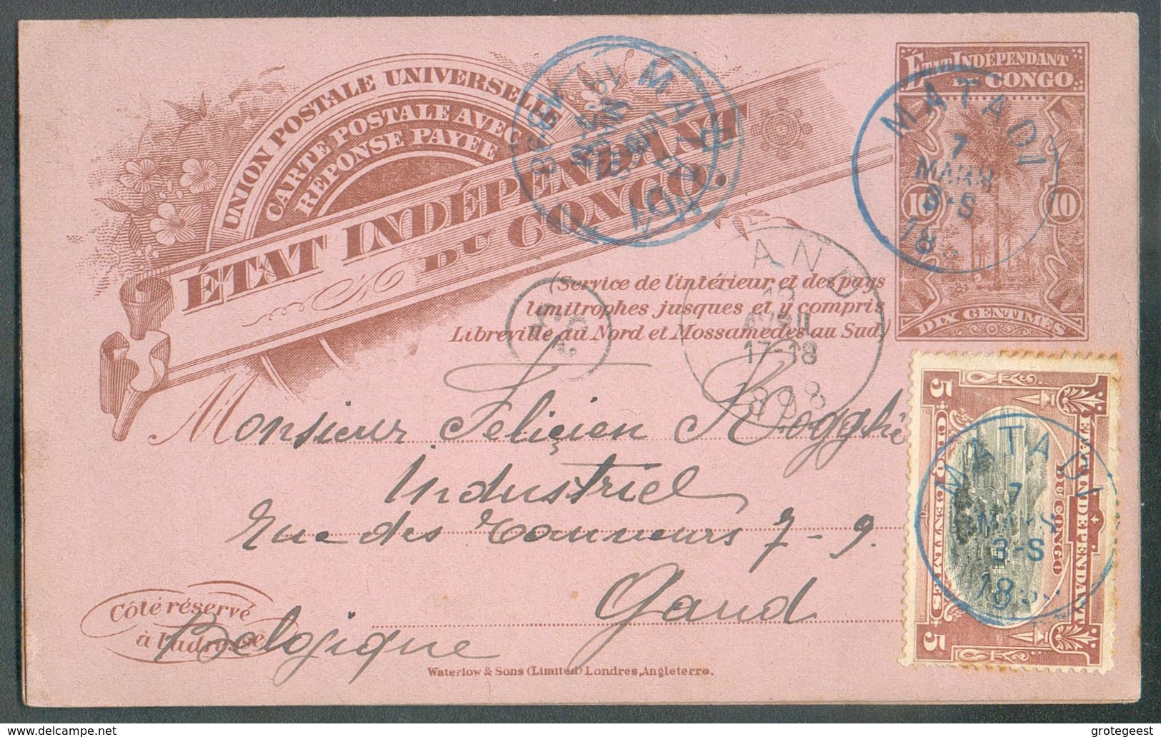 E.P. Carte Double 10 Centimes MOLS+ Tp MOLS 5 Centimes Obl. Sc MATADI 7 Mars 1898  Vers Gand Via Boma - Aller N -. 14482 - Ganzsachen