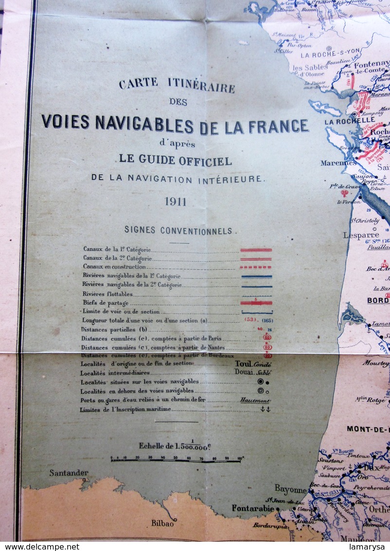 1911 CARTE ITINÉRAIRE VOIES NAVIGABLES DE FRANCE D’APRÈS GUIDE OFFICIEL NAVIGATION INTÉRIEURE éditeurs Berger Levrault - Nautical Charts
