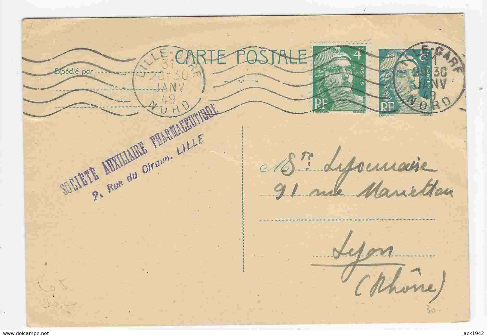 Yvert N° 807 Sur Entier 810 CP1 - Marianne De De Gandon 4f Vert-émeraude Sur Carte 8f Bleu-clair 1949 - Tariffe Postali