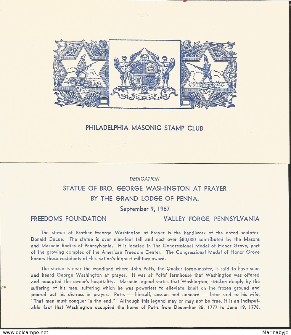 J) 1967 UNITED STATES, STATUTE OF BROTHER GEORGE WASHINGTON AT PRAYER BY THE GRAND LODGE OF PENNA, FREEDOMS FOUNDATION, - Autres & Non Classés