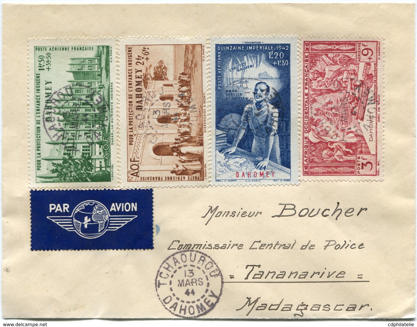 DAHOMEY LETTRE PAR AVION DEPART TCHAOUROU 13 MARS 44 DAHOMEY POUR MADAGASCAR - Storia Postale