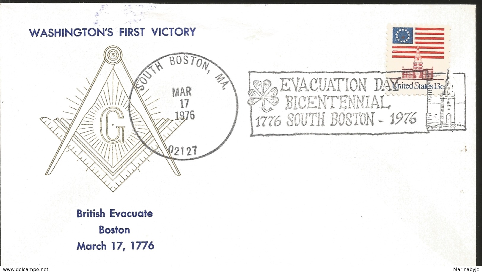 J) 1976 UNITED STATES, WASHIGTON FIRST VICTORY, EVACUATION DAY BICENTENNIAL 1776 SOUTH BOSTON 1976, MASONIC GRAND LODGE - Sonstige & Ohne Zuordnung