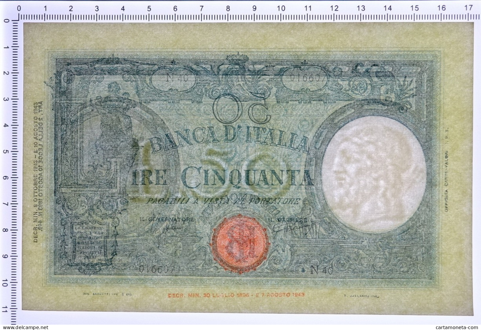 50 LIRE BARBETTI GRANDE L SENZA MATRICE BI RSI 08/10/1943 SUP - Andere