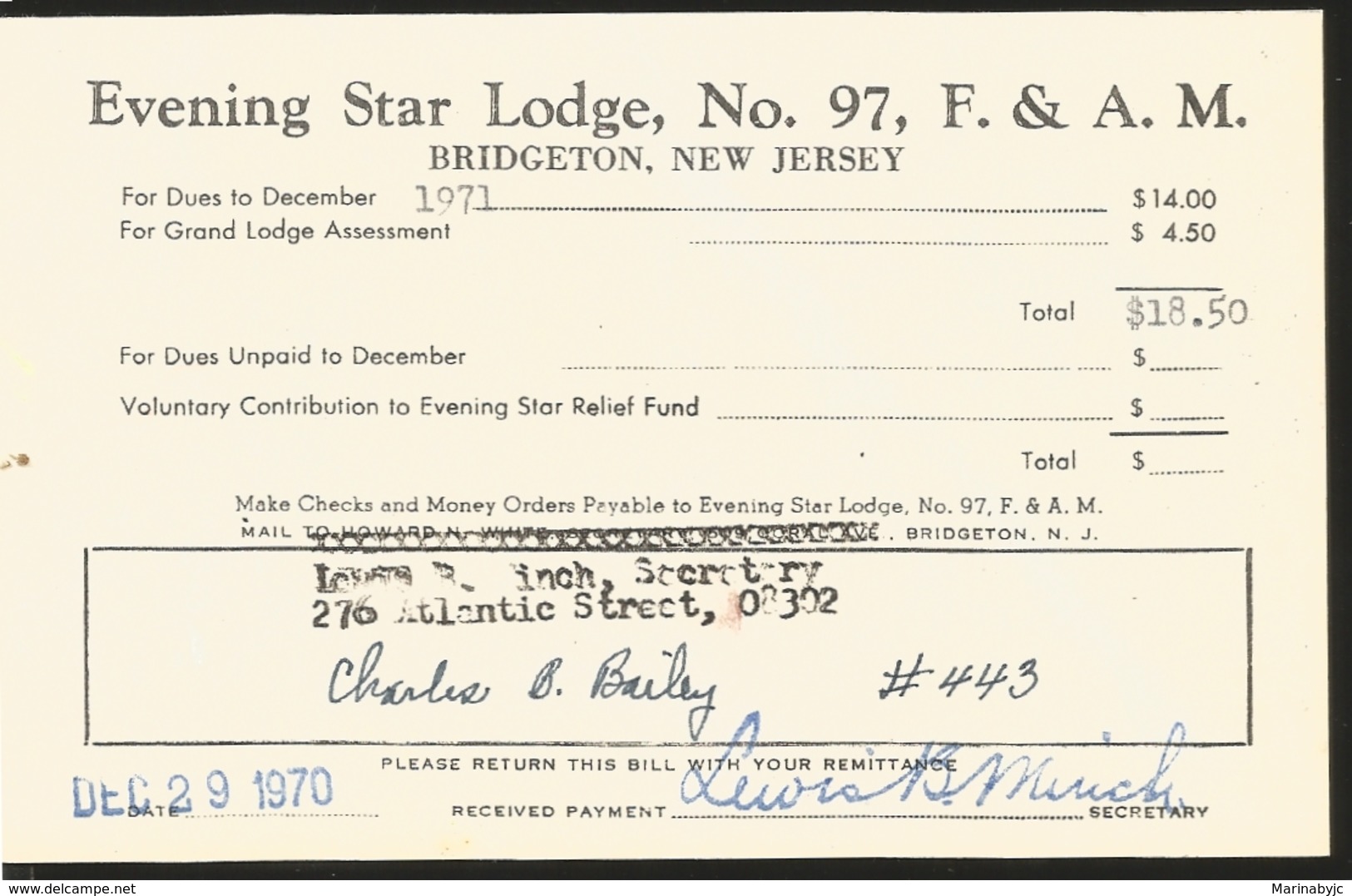 J) 1971 UNITED STATES, EVENING STAR LODGE N°97 F&AM, RECEIPTS, XF - Other & Unclassified