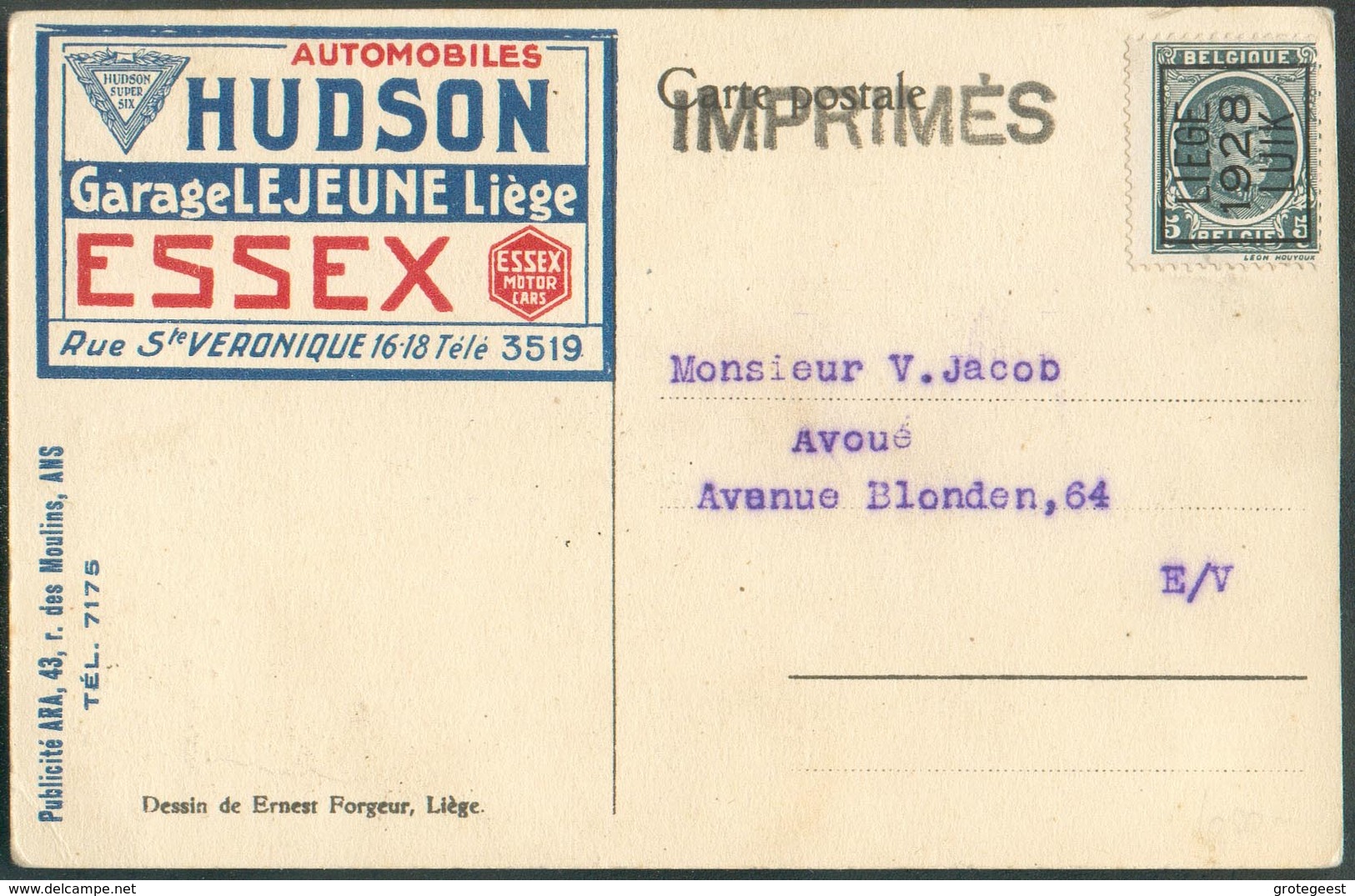 5c. Houyoux Surch. PREO LIEGE 1928 LUYK Sur CP Ill. (AUTOMOBILES HUDSON Garage LE JEUNE ESSEX) Au Tarif Imprimé Vers La - Sobreimpresos 1922-31 (Houyoux)