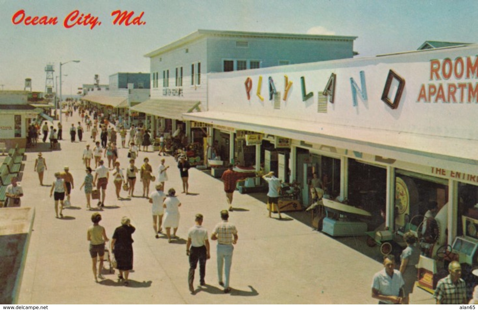 Ocean City Maryland, Boardwalk 'Playland' Sign, Amusement Rides, C1960s Vintage Postcard - Ocean City