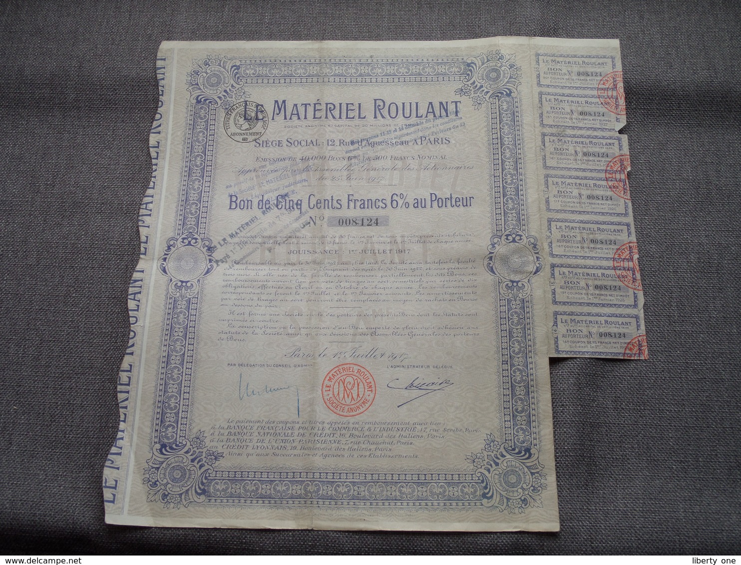 Le Matériel ROULANT / Nr. 008.124 : Bon De 500 Francs 6 % Au Porteur > 1917 Paris ( Voir Photo ) ! - P - R