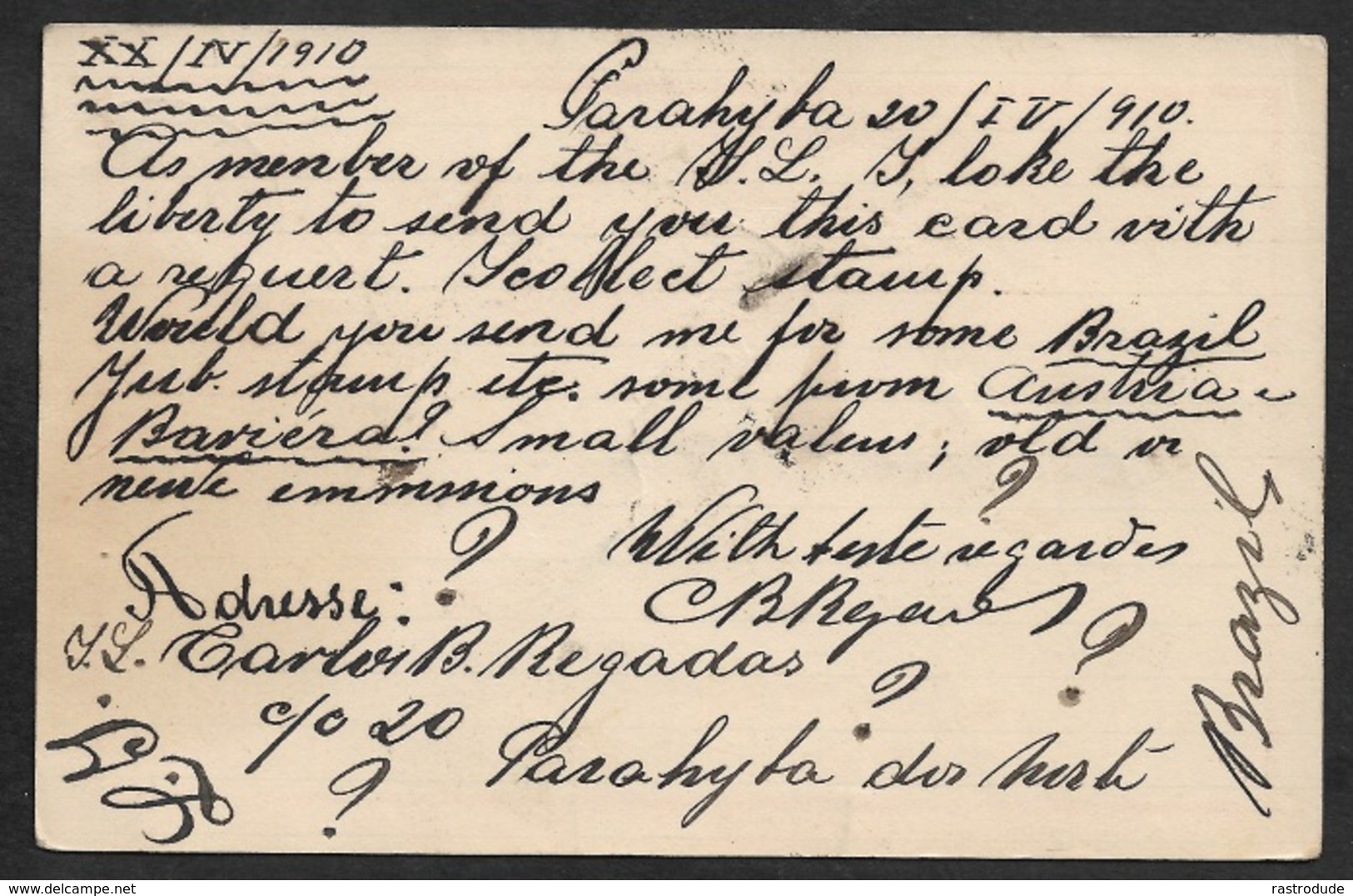 1910 - BRAZIL - 100R Psc - SEAPOST To Prag - Bohemia Austria - Via Penambuco. Cds ADM.dos CORREIOS / PARAH.do NORTE - Briefe U. Dokumente