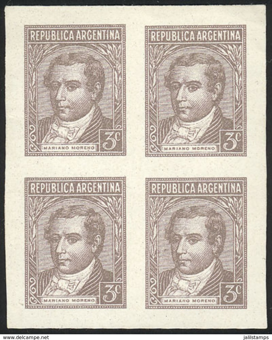 ARGENTINA: GJ.870, 1942 Moreno 3c., PROOF In The Issued Color, Imperforate Block Of 4 Printed On Paper Glazed On Both Si - Autres & Non Classés