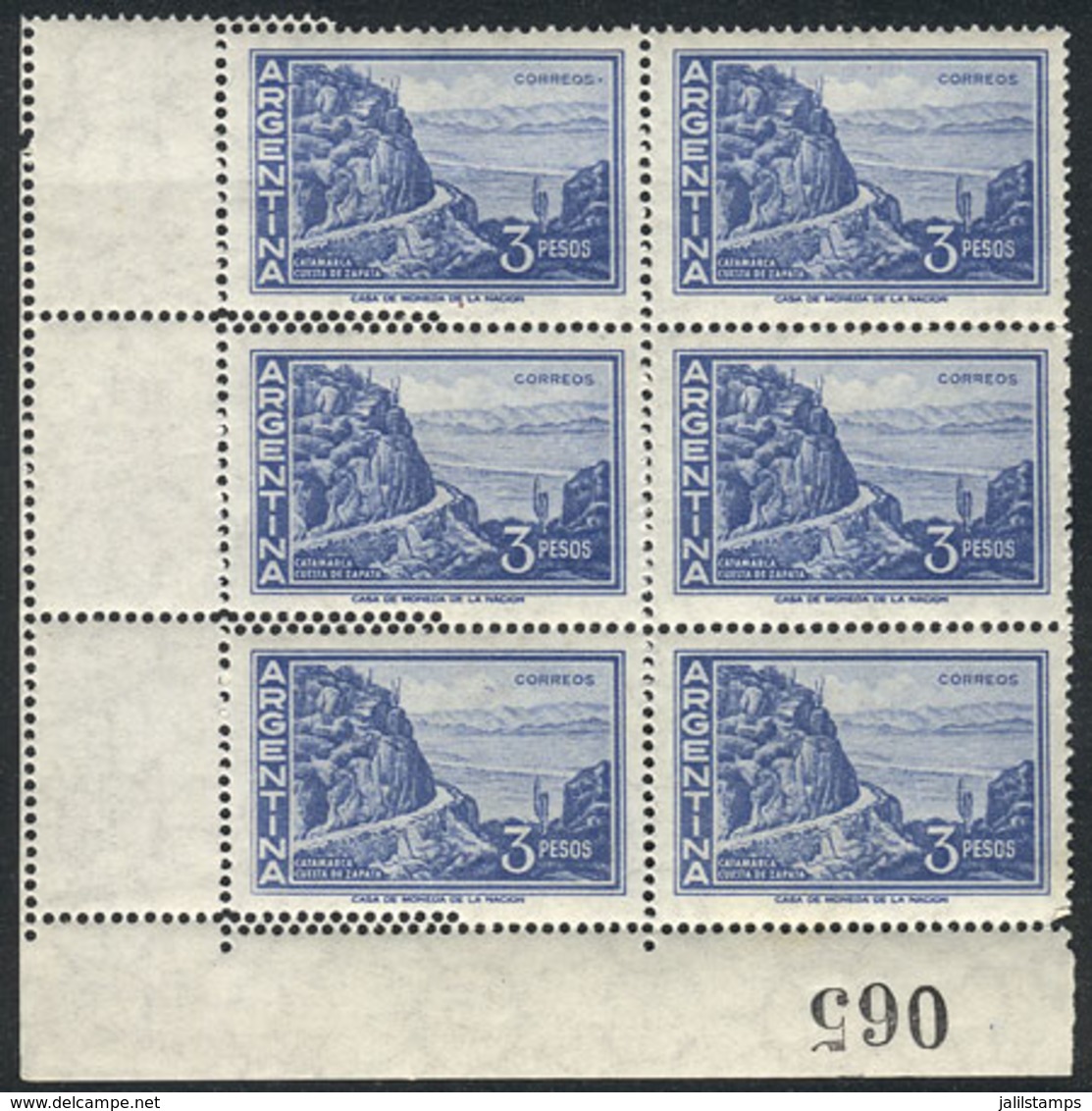 ARGENTINA: GJ.1137, 3P. Cuesta De Zapata, Block Of 6, Left Stamps With DOUBLE PERFORATION Variety, Creating 3 Small Labe - Autres & Non Classés