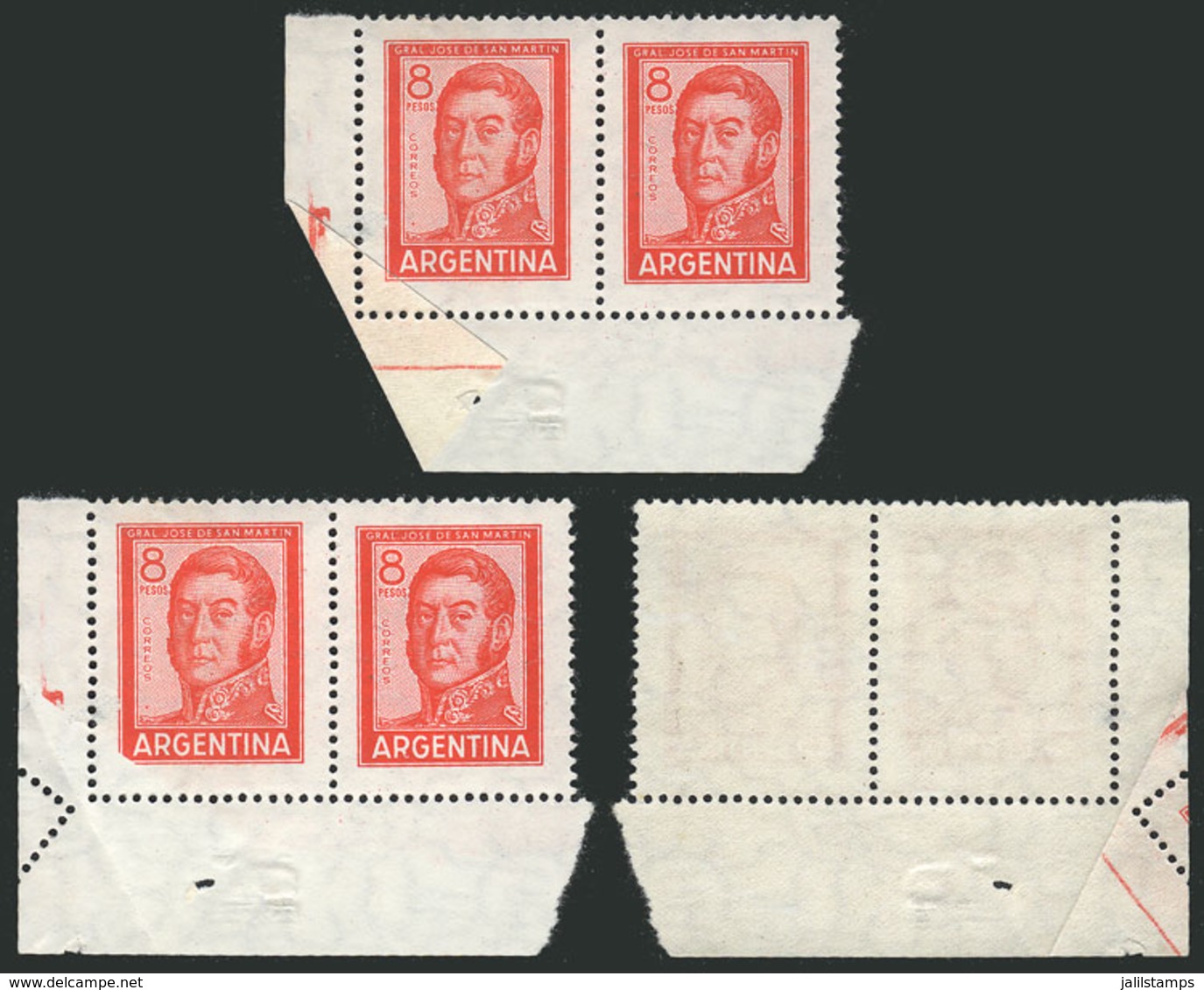 ARGENTINA: GJ.1306A, San Martín 8P., Corner Pair On Imported Unsurfaced Paper, With Variety: Pre-printing Paper Fold In  - Sonstige & Ohne Zuordnung