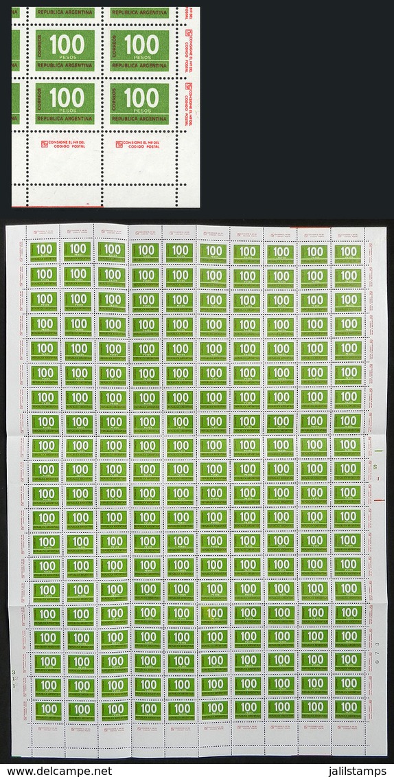 ARGENTINA: GJ.1733 + 1733CJ, 100P. Figures, On CHALKY Paper, Complete Sheet Of 200 Stamps + 10 Labels Below, MNH, Fine Q - Autres & Non Classés