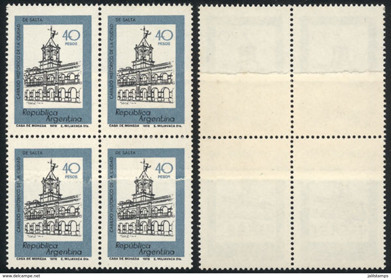 ARGENTINA: GJ.1783B, 40P. Salta City Hall, Block Of 4 With End-of-roll JOINED PAPER Var., VF Quality! - Autres & Non Classés