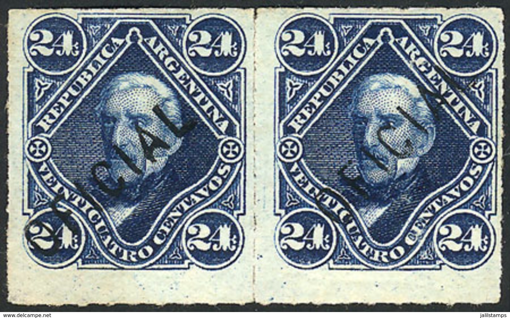 ARGENTINA: GJ.8, 24c. San Martín With Diagonal Overprint Applied By Hand, Pair Mint No Gum, Excellent And Very Rare, Sig - Dienstmarken