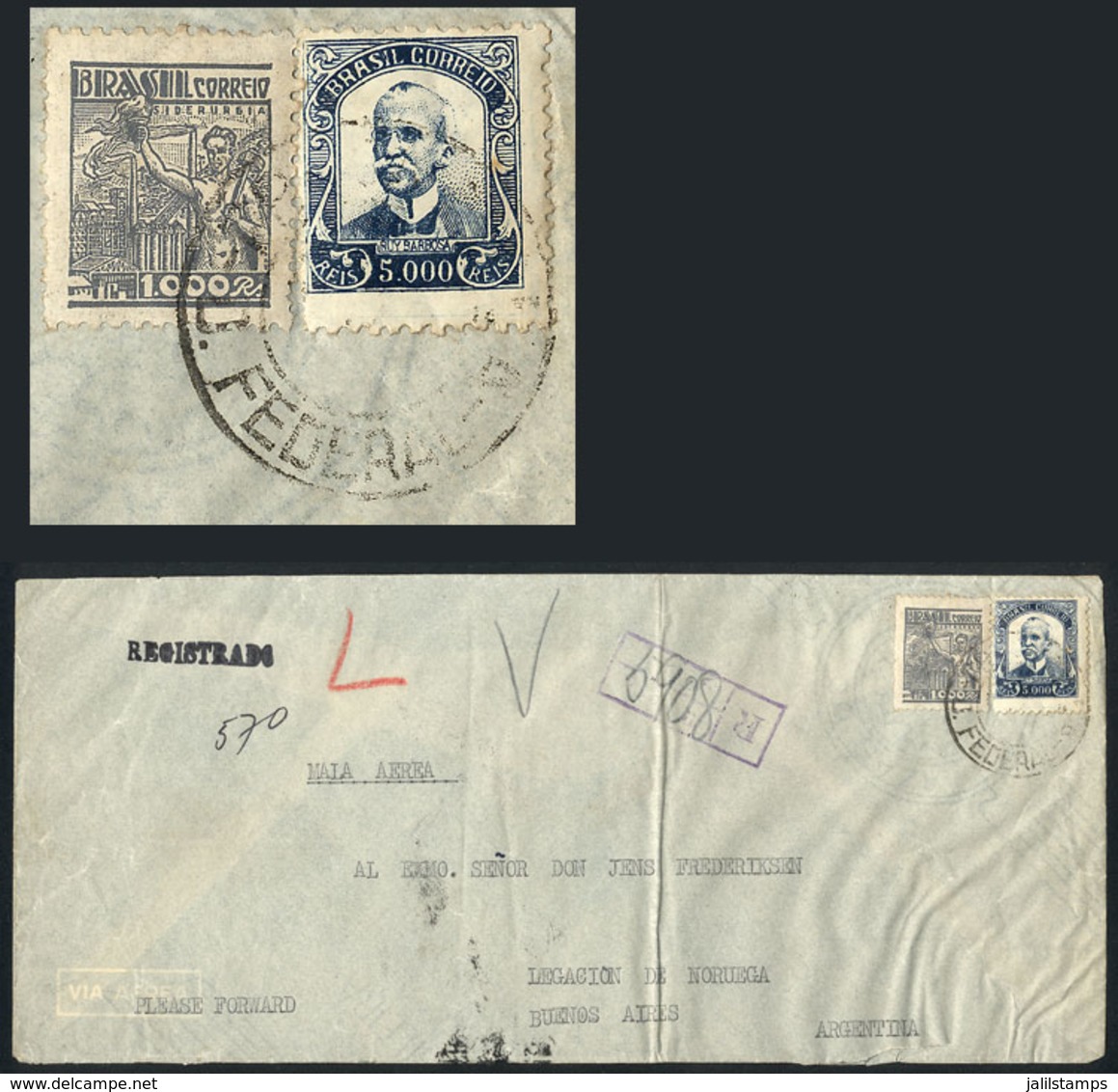 BRAZIL: Registered Airmail Cover Sent From Rio To Argentina In FE/1942 Franked With 6,000Rs., Very Nice! - Autres & Non Classés
