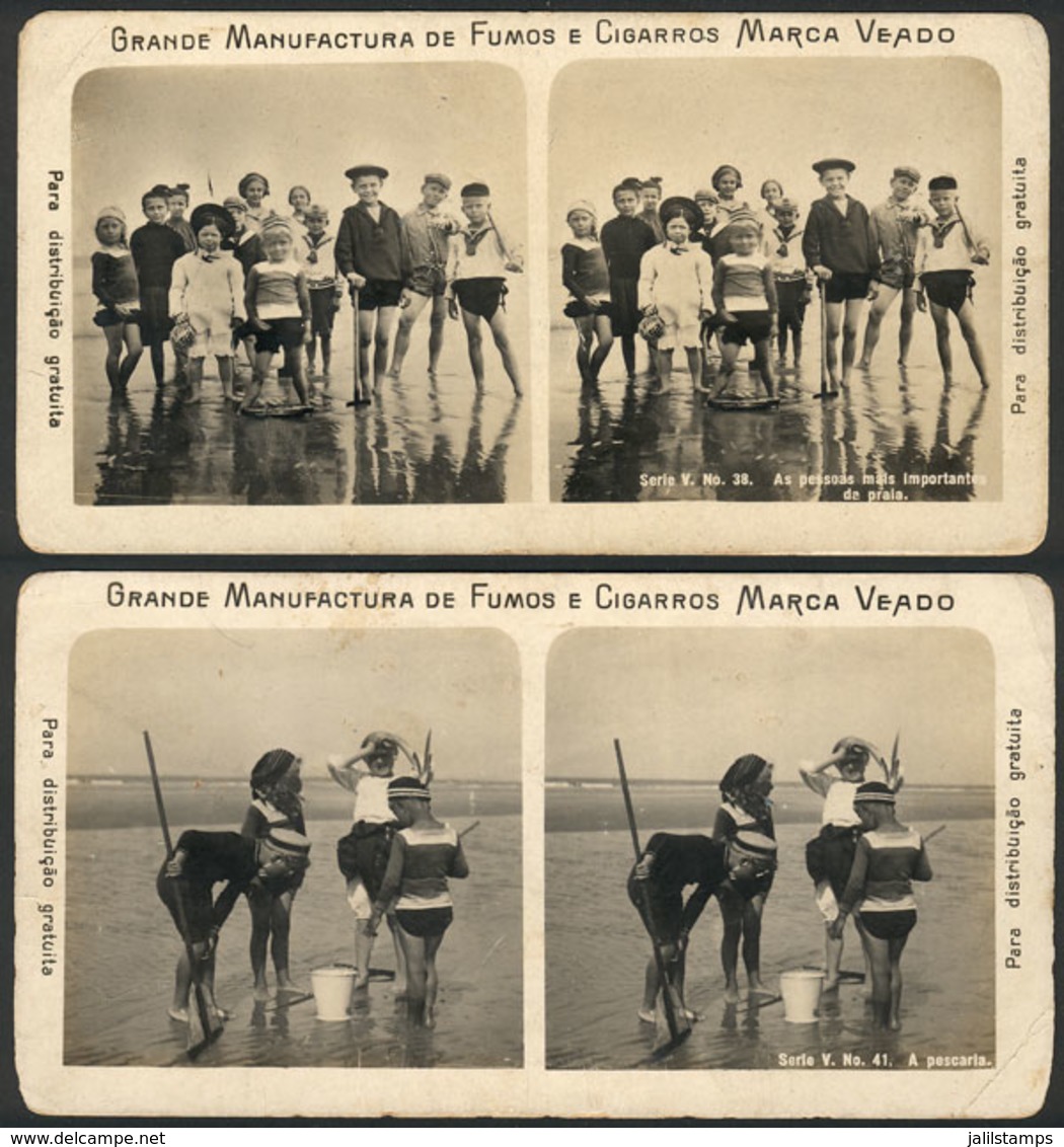 BRAZIL: 2 Old Stereo Cards With Photos Of Children On The Beach, With Advertising For VEADO Cigarettes! VF Quality! - Otros & Sin Clasificación