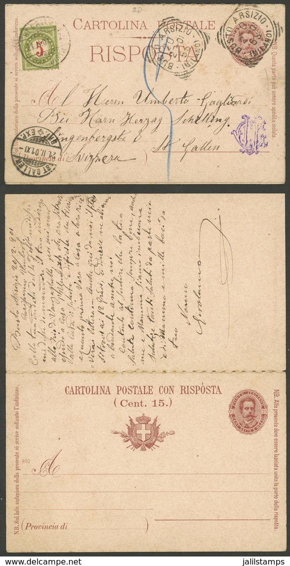 ITALY: 7½c. Double Postal Card With ATTACHED PAID REPLY Sent From Busto Arsizio To Switzerland On 20/FE/1901, With Swiss - Zonder Classificatie