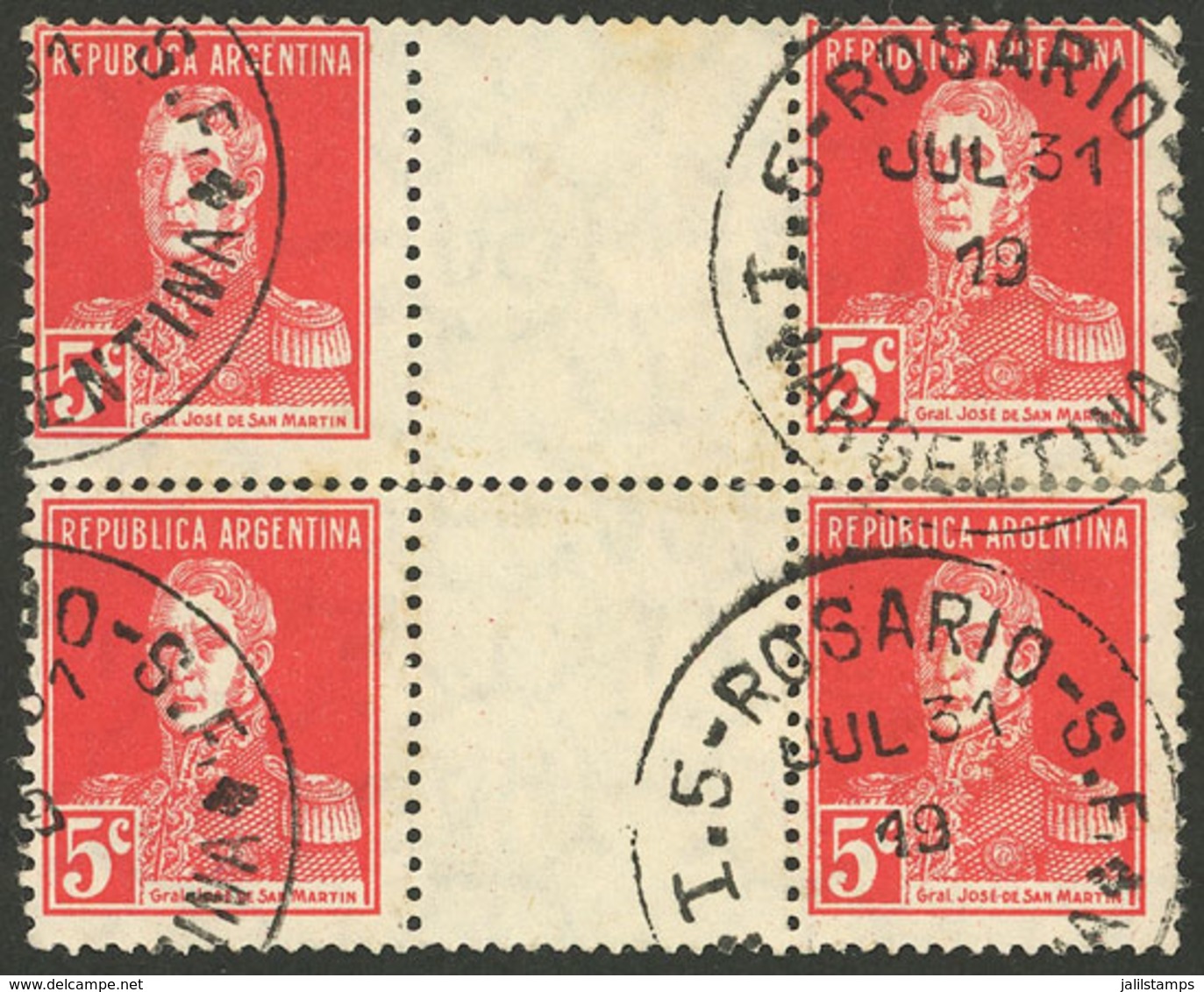 ARGENTINA: GJ.599EV, 1924 5c. San Martín W/o Period, Block Of 4 WITH VERTICAL GUTTERS, Used, Very Rare! - Nuovi