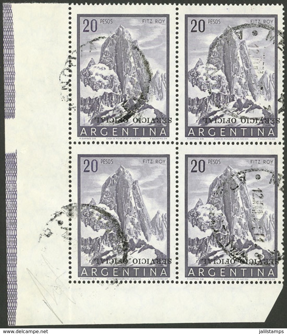 ARGENTINA: GJ.725a, 20P. Fitz Roy Mount With INVERTED Ovpt., Very Rare Used Block Of 4 With Sheet Corner, Superb, Probab - Servizio