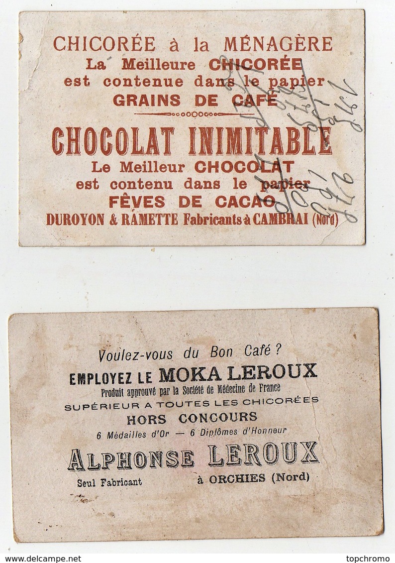 CHROMO Chocolat Duroyon & Ramette Et Moka Leroux Couple Fille Garçon Fleurs Roses Lettre Pli Chien (2 Chromos) - Duroyon & Ramette