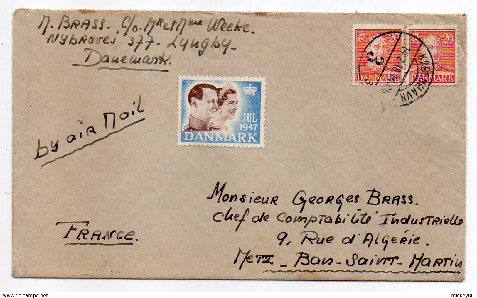 Danemark-1948--Lettre De COPENHAGUE  Pour  METZ (France )--timbre--cachet-- Vignette "JUL  1947 " - Lettres & Documents