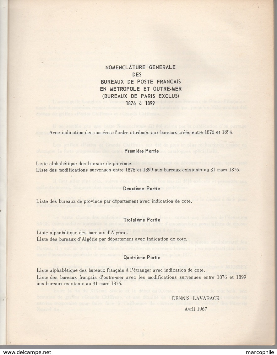 NOMENCLATURE DES BUREAUX DE POSTE FRANCAIS 1876 - 1899 DE LAVARACK - CAT. BROCHÉ 238 PAGES DE 1967 (ref CAT26) - Philatelic Dictionaries