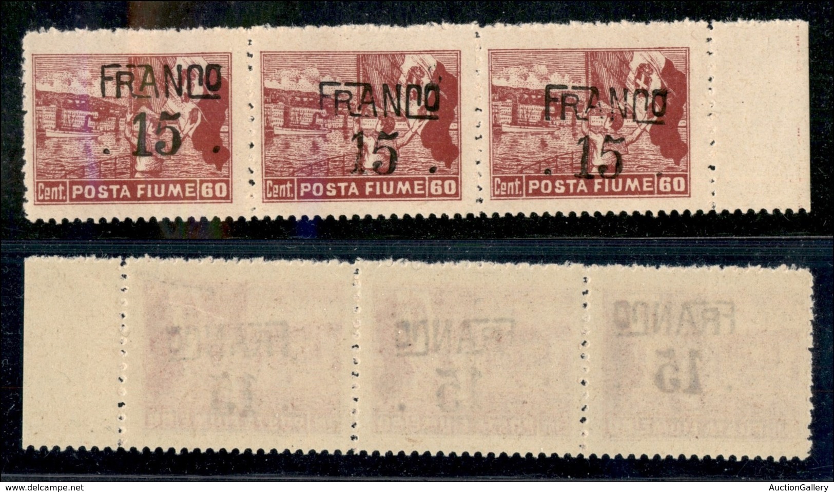 OCCUPAZIONI I GUERRA MONDIALE - Fiume - 1919 - Franco 15 Su 60 Cent (D80) - Striscia Di 3 Bordo Foglio - Soprastampe Dis - Autres & Non Classés