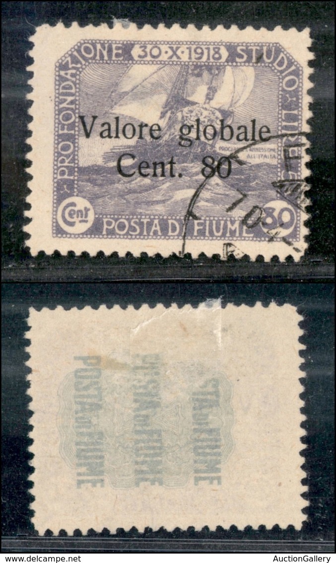 OCCUPAZIONI I GUERRA MONDIALE - Fiume - 1920 - 60 Cent Valore Globale (106 A - Violetto) - Usato - Cert. AG (600) - Autres & Non Classés