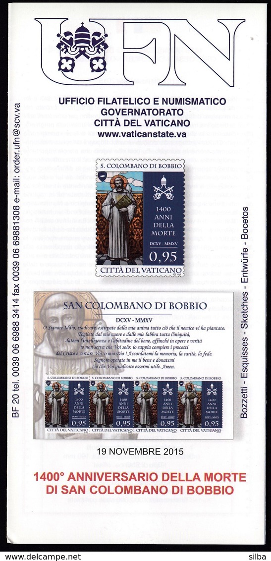 Vatican 2015 / 1400th Ann Of The Death Of Saint Colombanus Of Bobbio / Prospectus, Leaflet - Covers & Documents