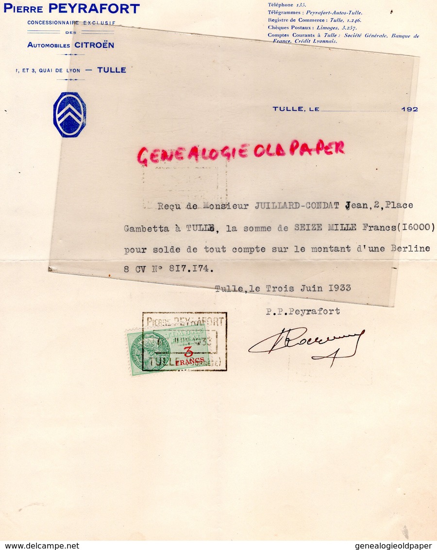 19 - TULLE-RARE  LETTRE PIERRE PEYRAFORT- CONCESSIONNAIRE AUTOMOBILES CITROEN- JEAN JUILLARD CONDAT - 1933 - Auto's