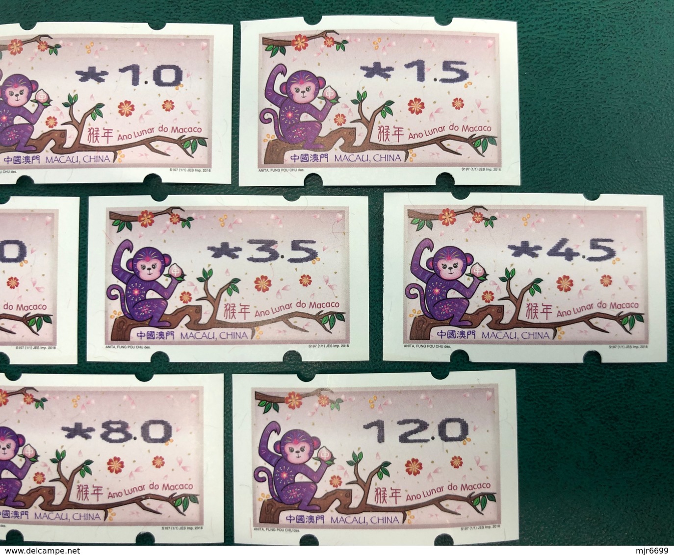 MACAU ATM LABELS, ZODIAC NEW YEAR OF THE MONKEY ISSUE COMPLETE SET NAGLER 104 ALL FINE UM MINT - Distributors