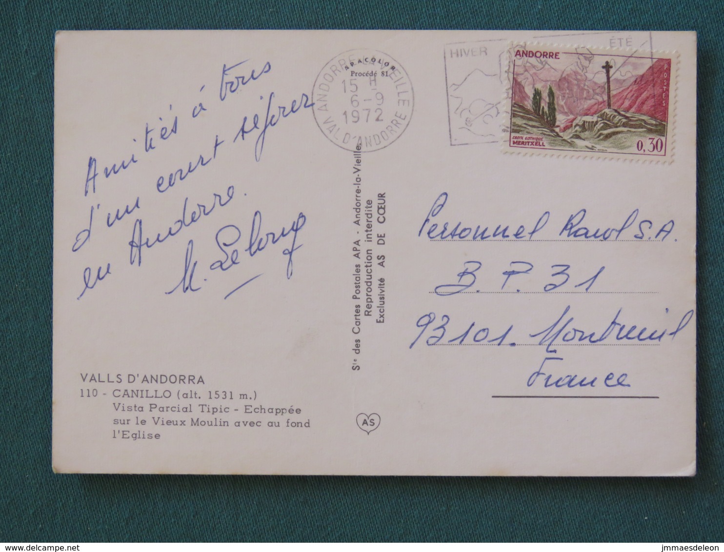 Andorra (FR) 1972 Postcard "Valls D'Andorra" To France - Cross - Briefe U. Dokumente