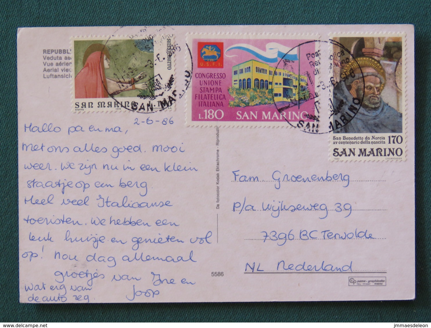 San Marino 1986 Postcard "aerial View" To Holland - U.S.F.I. - Anno Santo - San Benedetto Da Norcia - Covers & Documents