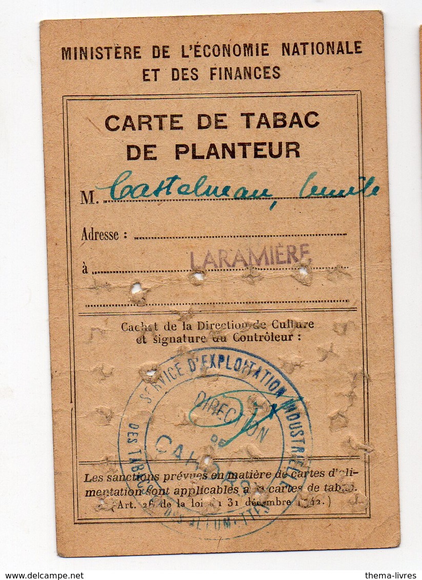 Guerre 39-45) Rationnement : CARTE DE TABAC DE PLANTEUR (PPP19740) - Documentos