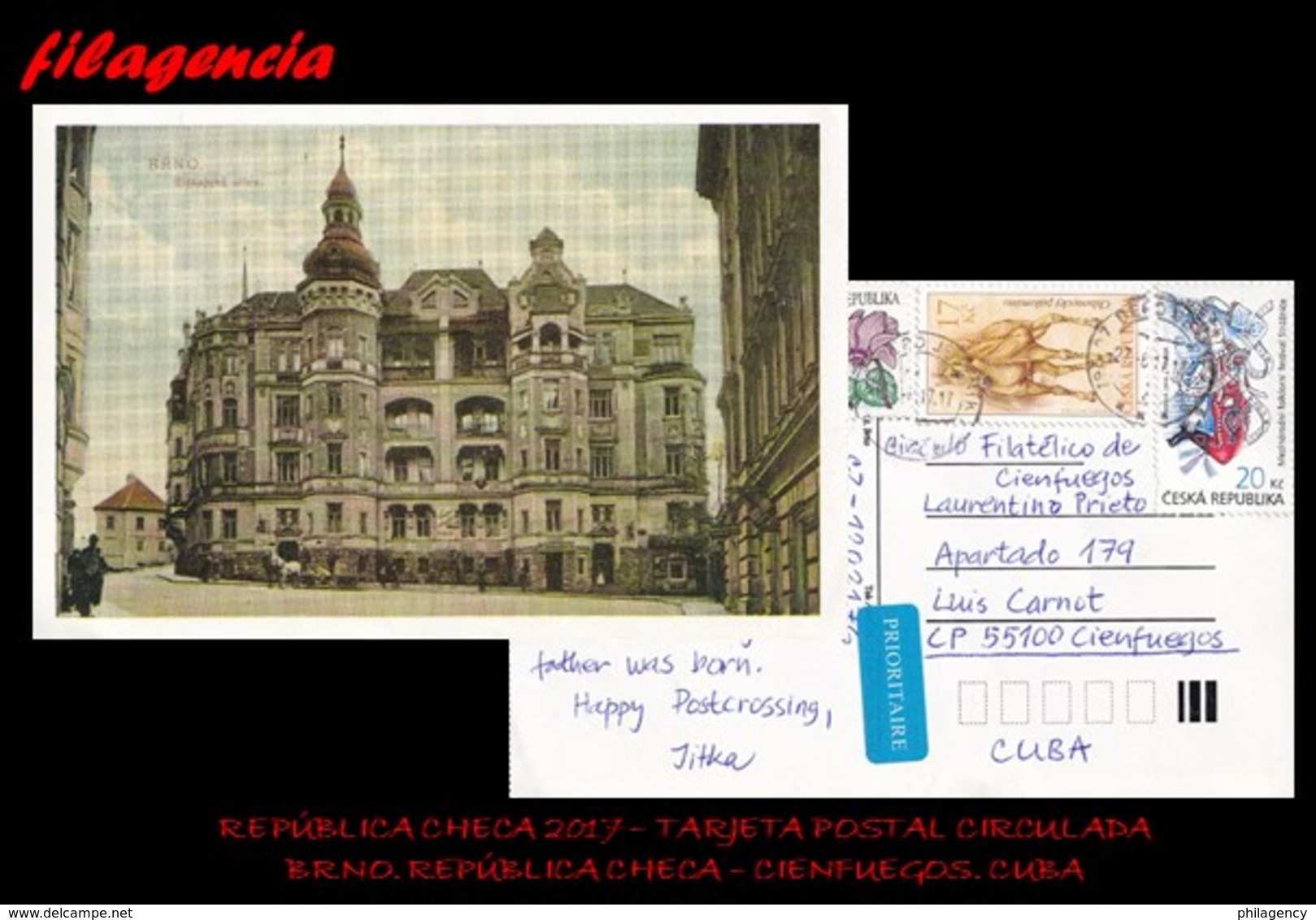 EUROPA. REPÚBLICA CHECA. ENTEROS POSTALES. TARJETA POSTAL CIRCULADA 2017. BRNO. REPÚBLICA CHECA-CIENFUEGOS. CUBA - Lettres & Documents