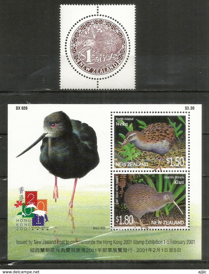 Les Kiwis Et Wekas,  Bloc-feuillet + Timbre Rond Neufs ** De Nouvelle-Zélande (Flightless New Zealand Birds) - Kiwis