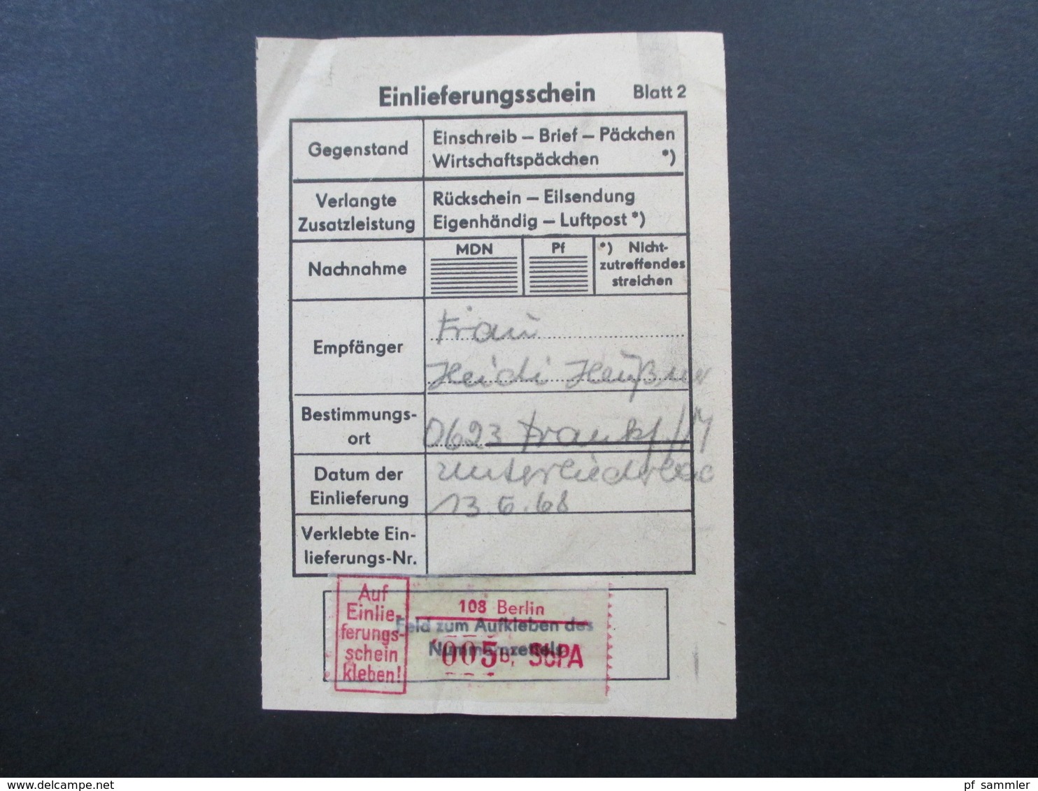 Berlin 1958 Einlieferungsschein Mit Klebezettel 108 Berlin 005 B SbPA Nach Frankfurt / M - Lettres & Documents