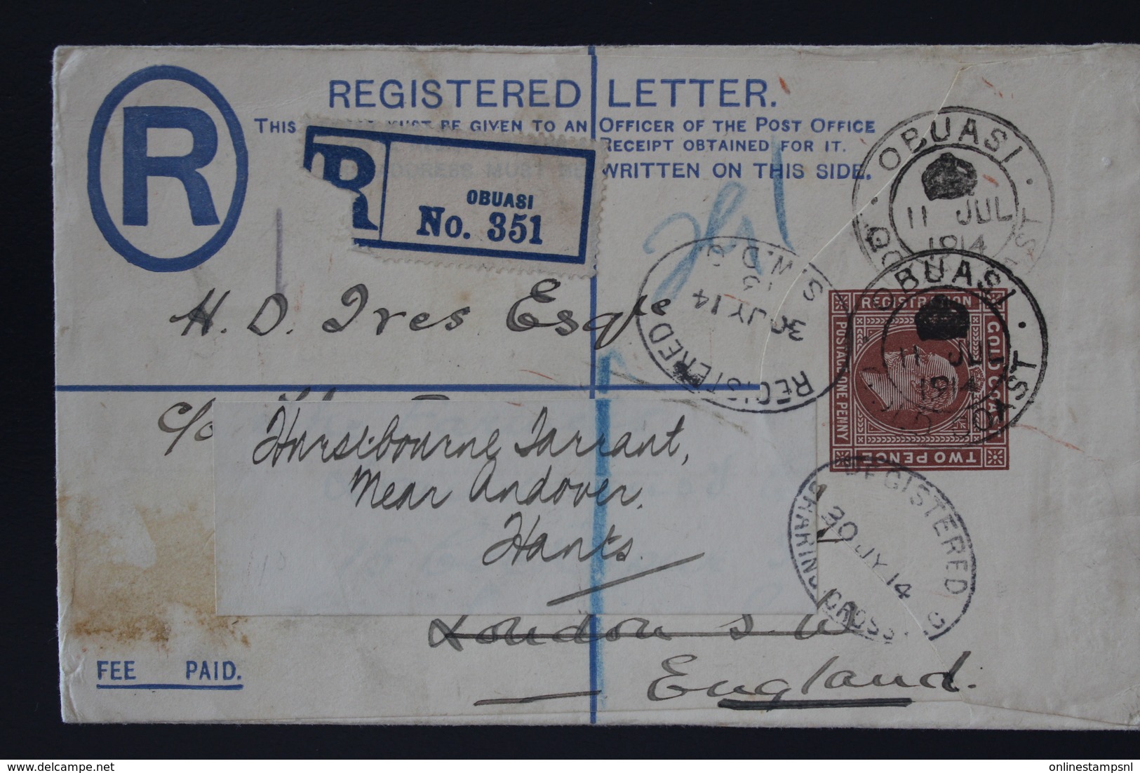 GOLDCOAST Registered Cover OBUASI -> UK 11-7-1914 Purple Cancel : IF NOT DELIVERED - Costa De Oro (...-1957)