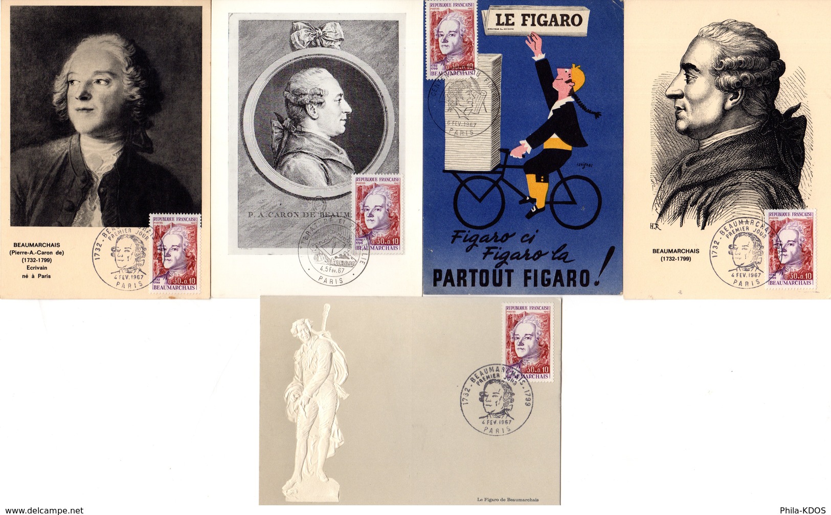 Lot " BEAUMARCHAIS " Sur 5 Cartes Maximum De 1967. Diverses éditions. N° YT 1512. TB état CM - Collections, Lots & Séries