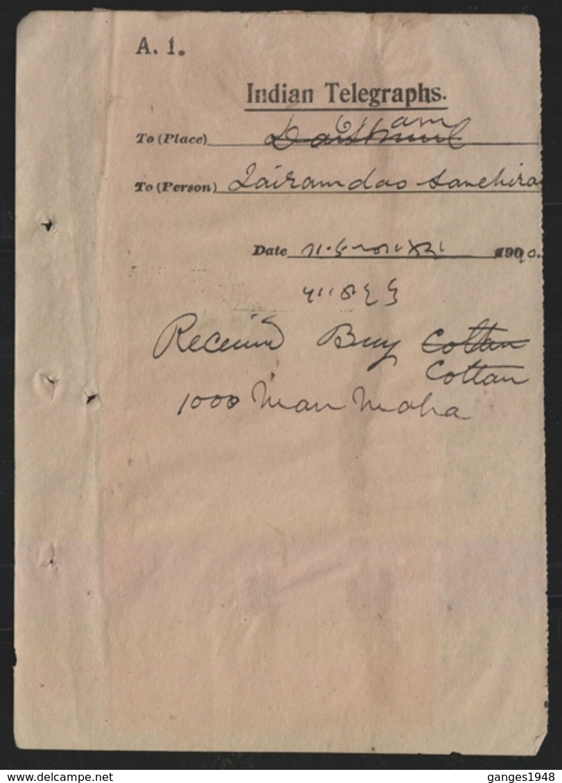 Bundi  1911  Indian Telegraph  Booking Receipts #  21187  D Inde India - Bundi