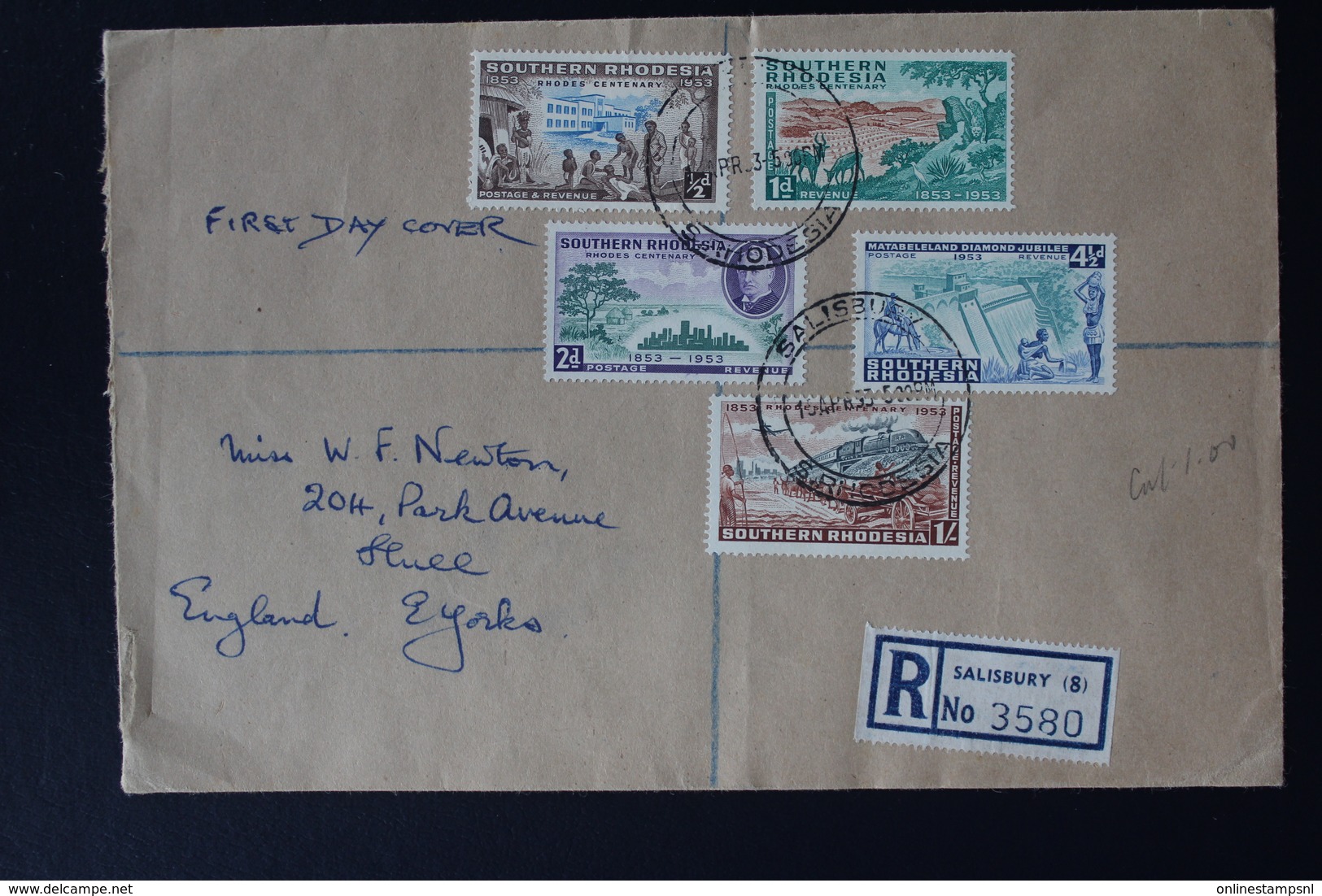 SOUTHERN RHODESIA REGISTERED FDC  SALISBURY -> HULL 1953 RHODES CENTENARY SG 71 - 75 - Südrhodesien (...-1964)