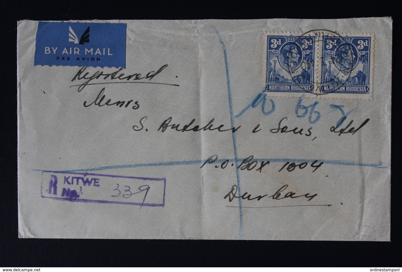 NORTHERN RHODESIA REGISTERED COVER KITWE -> DURBAN 21-1-1940 SG 34 * 2 BACK: DUPLICATE DURBAN - Rhodésie Du Nord (...-1963)