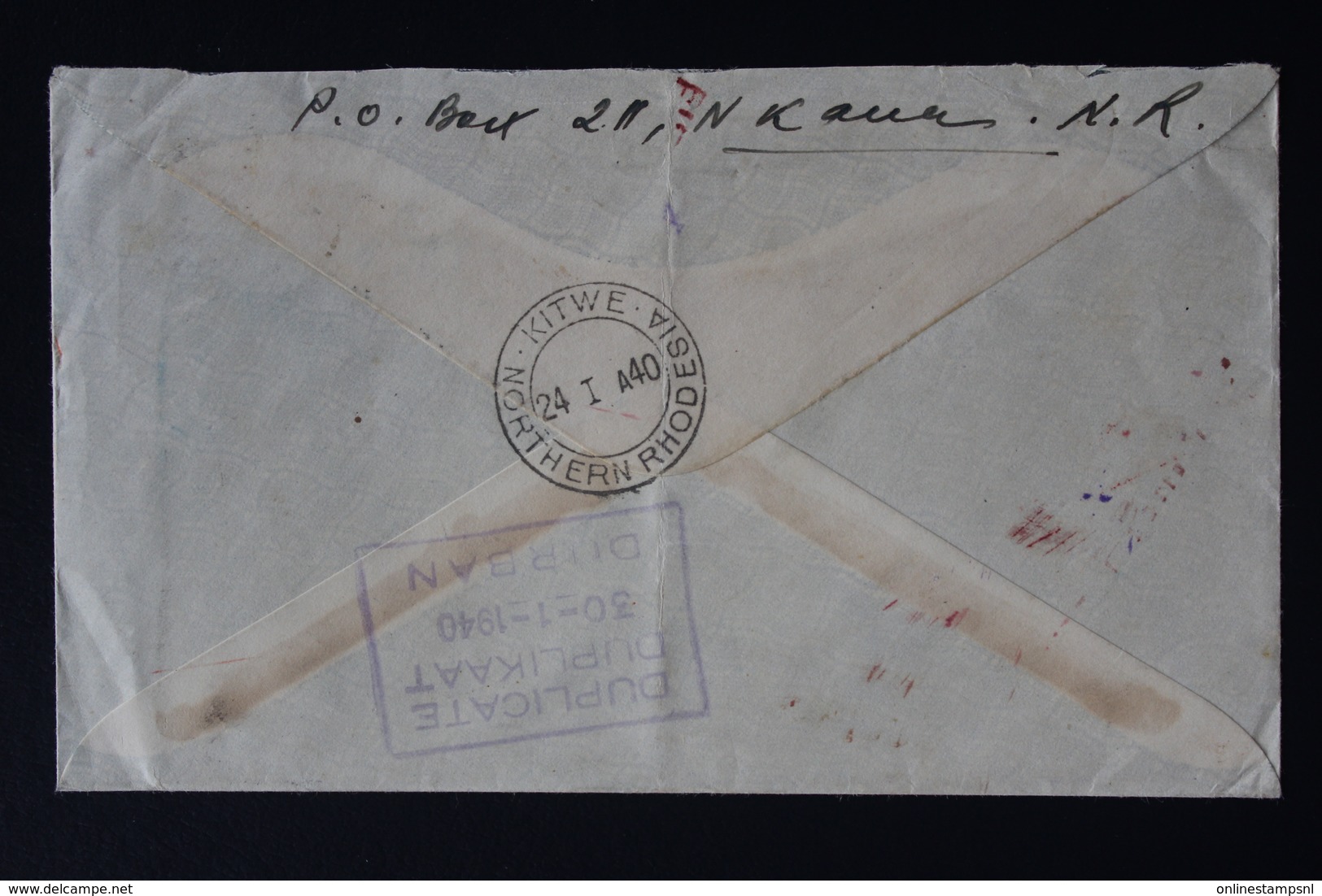 NORTHERN RHODESIA REGISTERED COVER KITWE -> DURBAN 21-1-1940 SG 34 * 2 BACK: DUPLICATE DURBAN - Rhodésie Du Nord (...-1963)