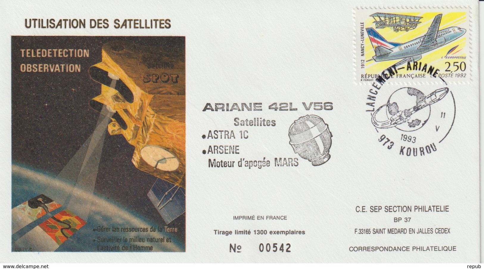 France Kourou 1993 Lancement Ariane Vol 56 - Cachets Commémoratifs