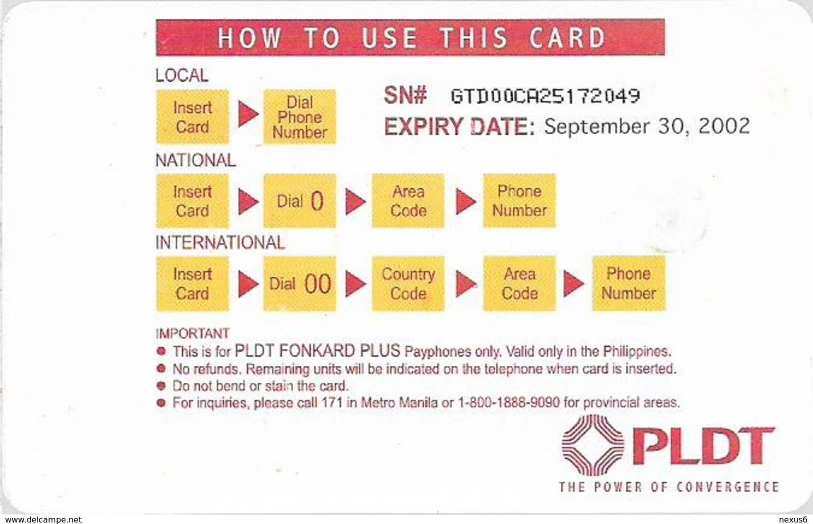 Philippines - PLDT (Chip) - Green Generic - Exp.30.09.2002, Chip Gem Red, Cn. GTD, 100₱, Used - Philippinen