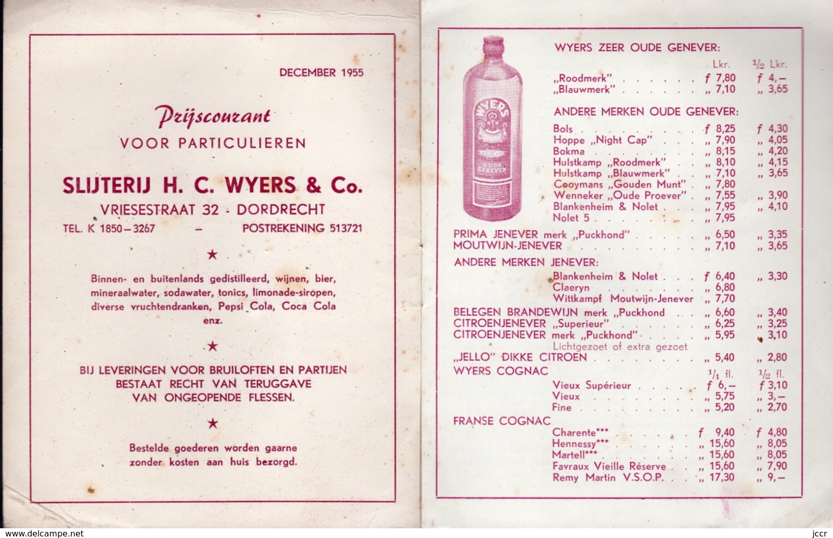 Slijterij H. C. Wyers & Co. Vriesestraat 32 - Dordrecht (Pays-Bas) - Prijscourant Vor Particulieren - December 1955 - Culinaria & Vinos