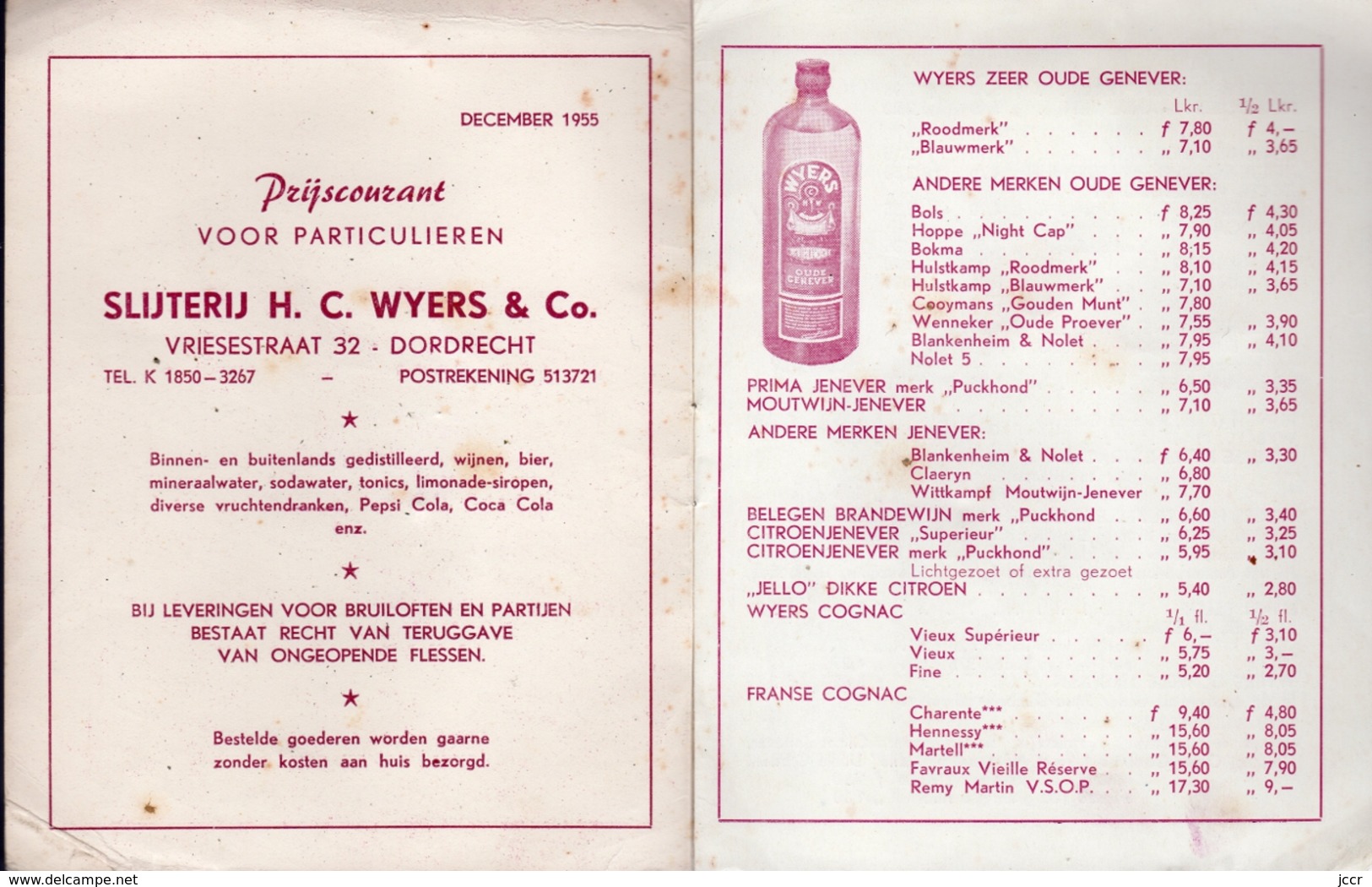 Slijterij H. C. Wyers & Co. Vriesestraat 32 - Dordrecht (Pays-Bas) - Prijscourant Vor Particulieren - December 1955 - Cucina & Vini