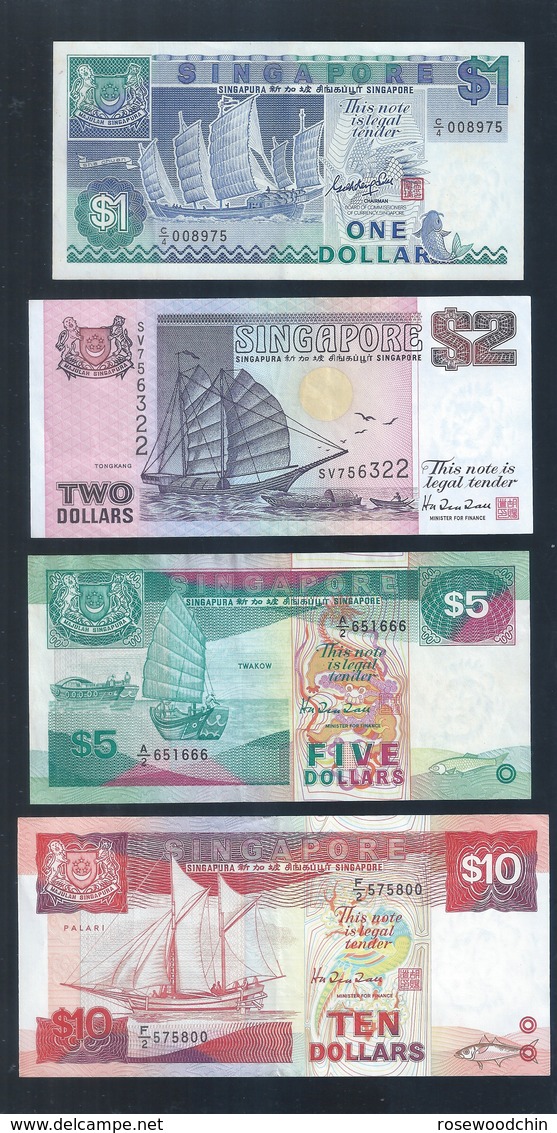 Vintage !  Set Of 4 Singapore $1 $2 $5 $10 Vessel Boat Ships Series AU Banknote (#113B) - Singapore