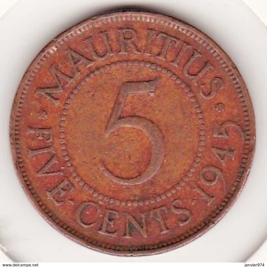 Mauritius 5 Cents 1945 , George VI Bronze. KM# 20 - Maurice